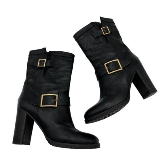 Jimmy Choo Dart Biker Buckle Black Leather Combat Boot Women Size 37.5 - Picture 2 of 13